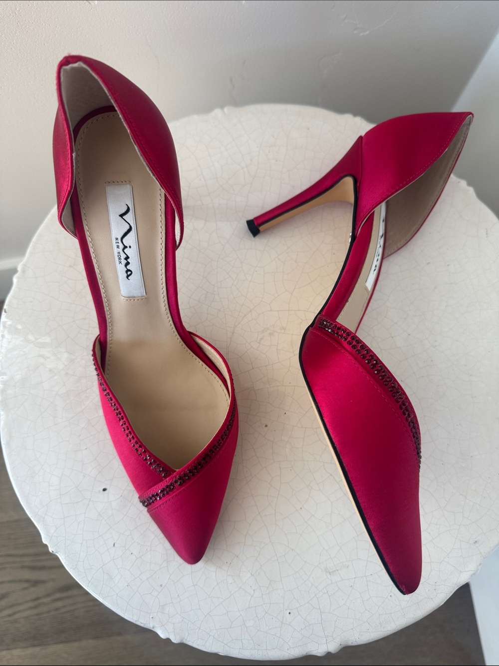 Nina DIORA YS Crimson Ruby Satin Pointed D'Orsay Pump with Crystal Trim Size 7.5
